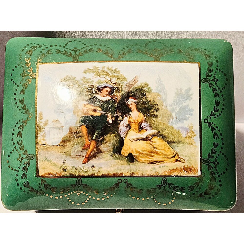 Vintage Green Porcelain Trinket Box Romantic Scene & Floral interior